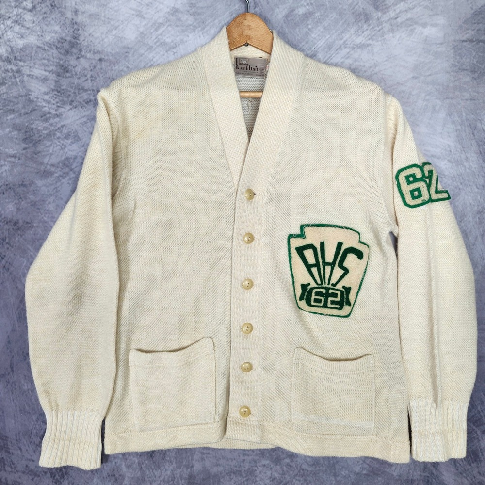 Vintage 60s Lamb Knit Varsity Letterman Cardigan Mens 42 Cream Orlon Wool